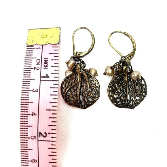 Bronze Tone Filagree Leaf Drop Earrings With Pearl Beads - 1.5"L x 1” - Picture 4 of 4